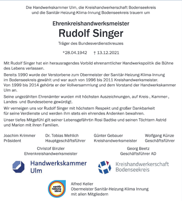 Traueranzeige Rudolf Singer